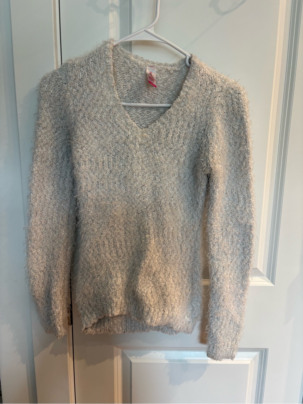 No Boundaries Fuzzy V-Neck Sweater in Light Gray